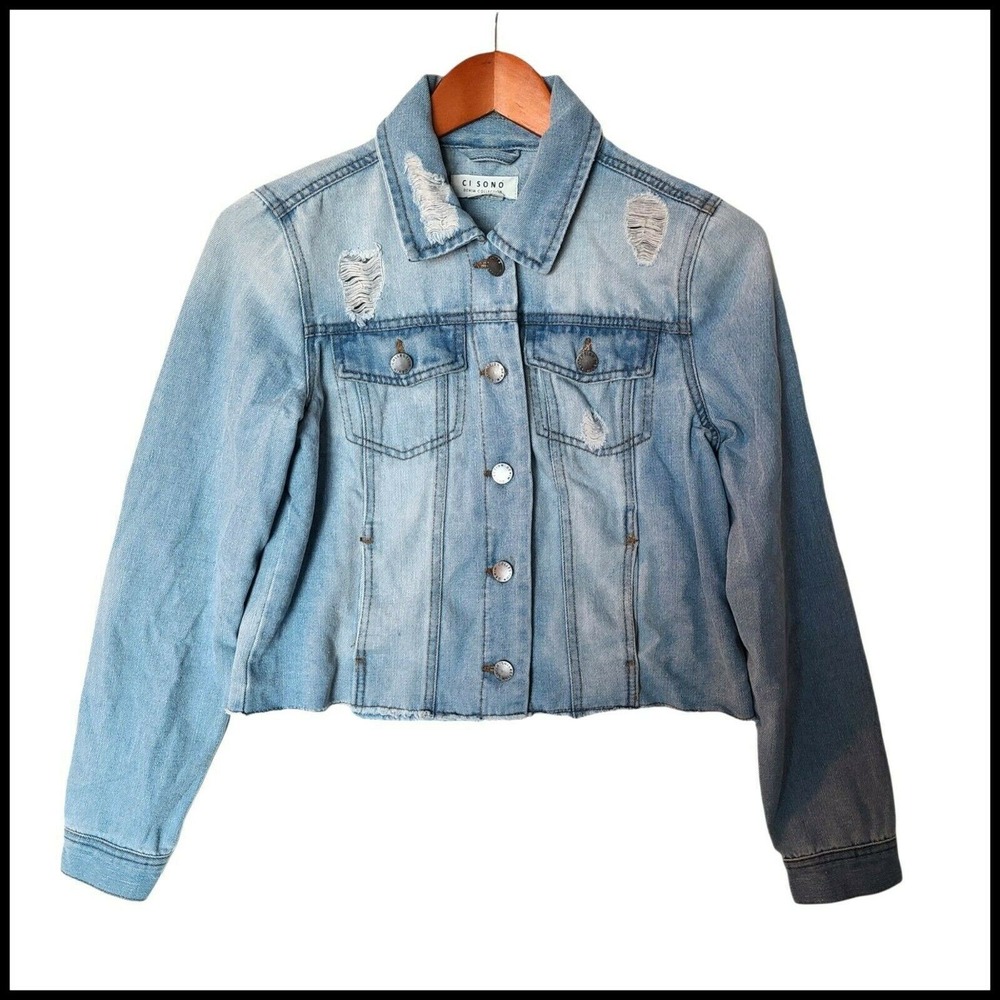 Ci Sono Denim Jacket Light Wash Raw Hem M Medium Distressed